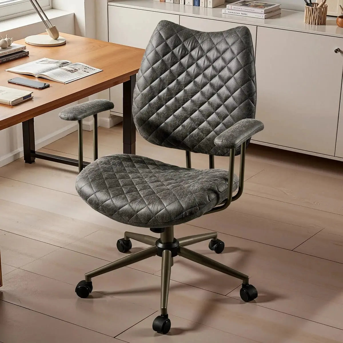 HOOOWOOO Mid-Century Leather Ergonomic Adjustable Swivel Office Chair