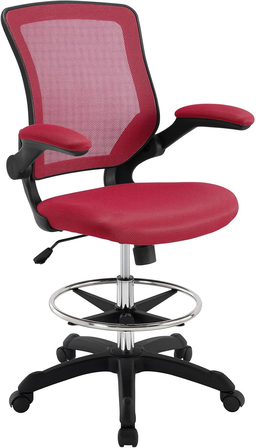 Modway MO-EEI-1423-RED Reception Desk Flip-Up Arm Drafting Chair, Nylon in Red
