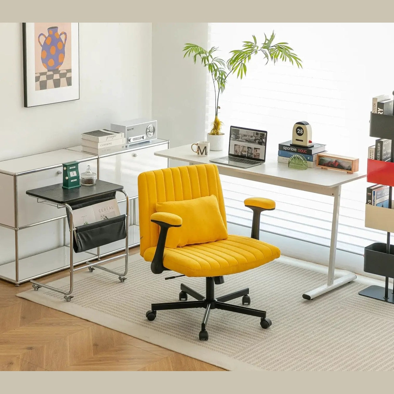 Yellow Linen Criss Cross Armrest Office Chair with Wheels - Ergonomic for Home Office, Work & Study by Platinum-Level Office Chairs
