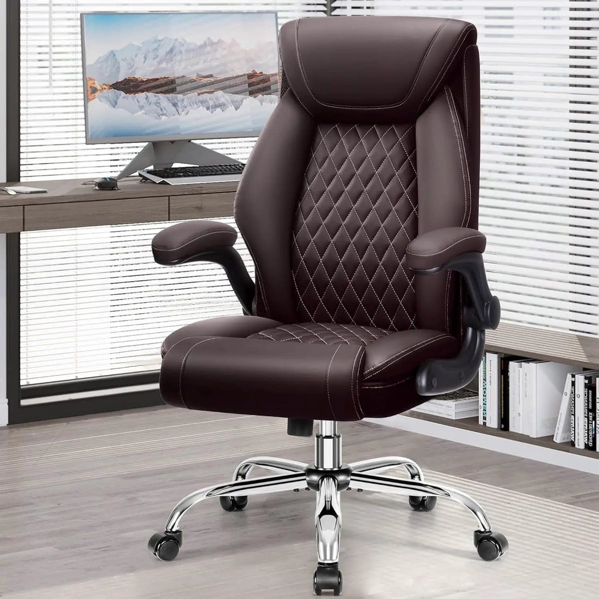Ergonomic big and tall office chair by BestGlory with high back, breathable leather, lumbar support, flip-up armrests, and rocking feature.