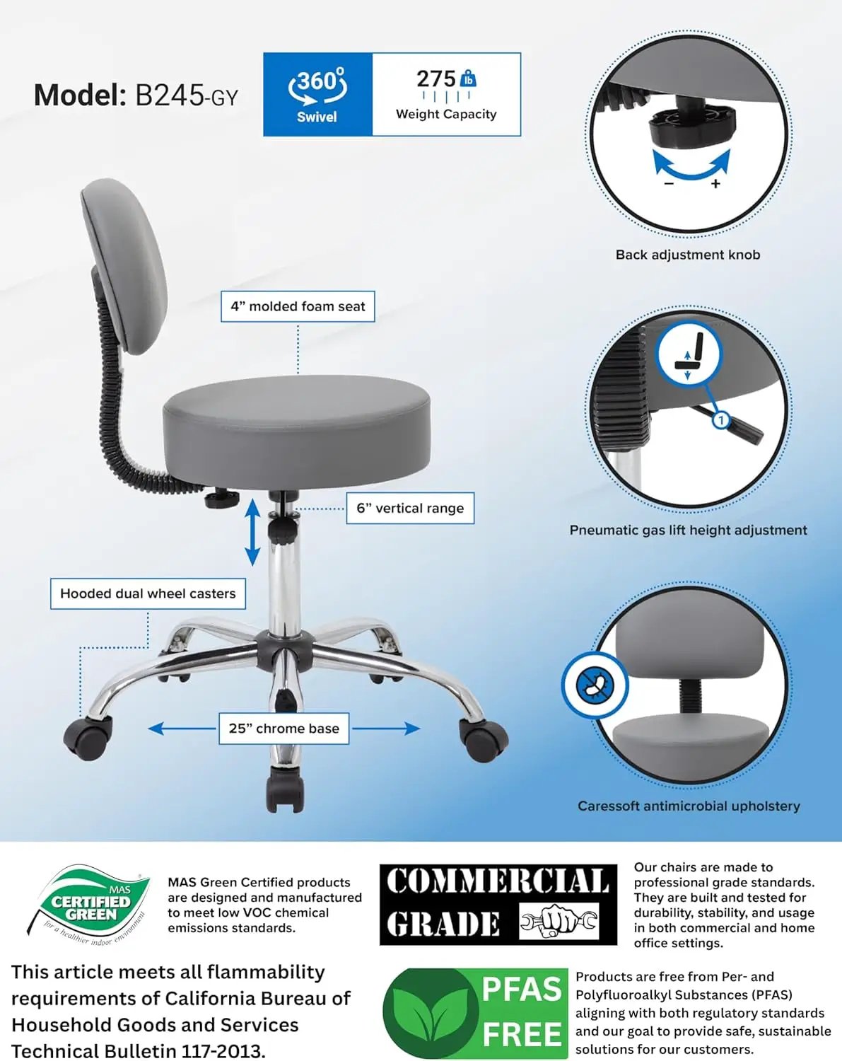 Boss Office Products Be Well Spa Professional Adjustable Drafting Stool with Back, Grey (B245-GY) by Manufacturer.