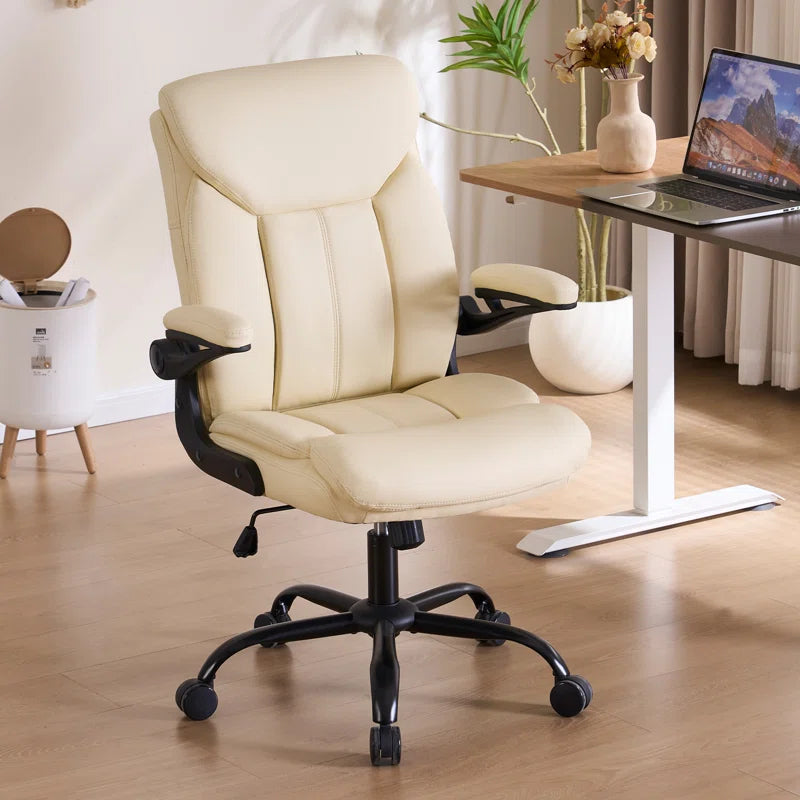 Office Chair, Ergonomic Computer Chair with Flip-Up Arms Desk Chairs Comfy PU Leather Executive Mid Back Support Adjustable Height Tilt Lock Swivel Rolling Wheels,