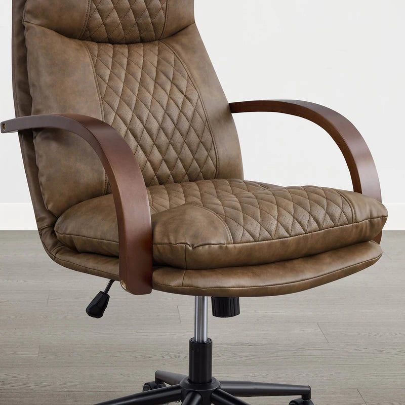 Upholstered Swivel Office Chair with Wood Arms