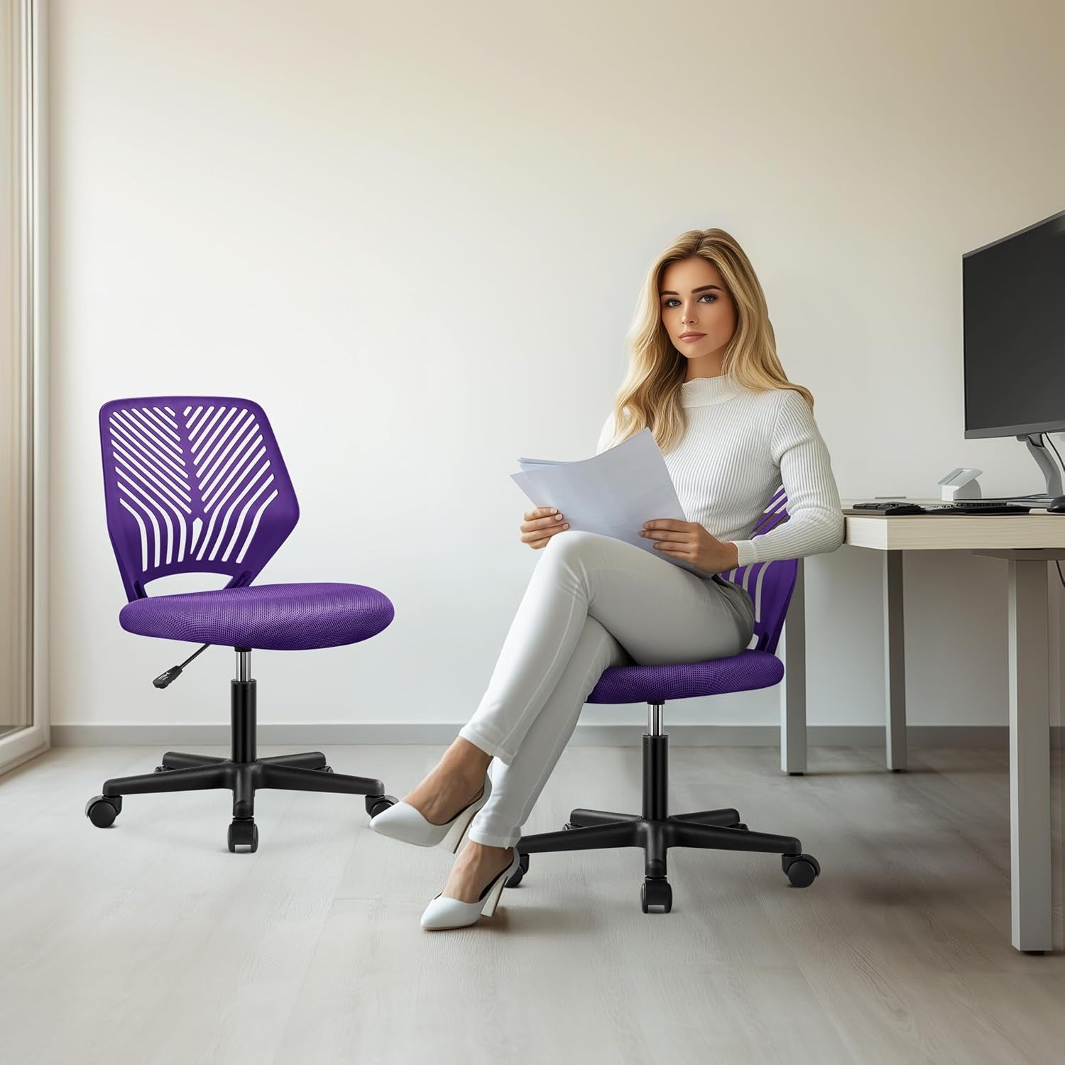 Yaheetech Student Desk Chair, Low-Back Armless Study Chair with Lumbar Support, Adjustable Swivel Office Chair for Home Bedroom School, Purple