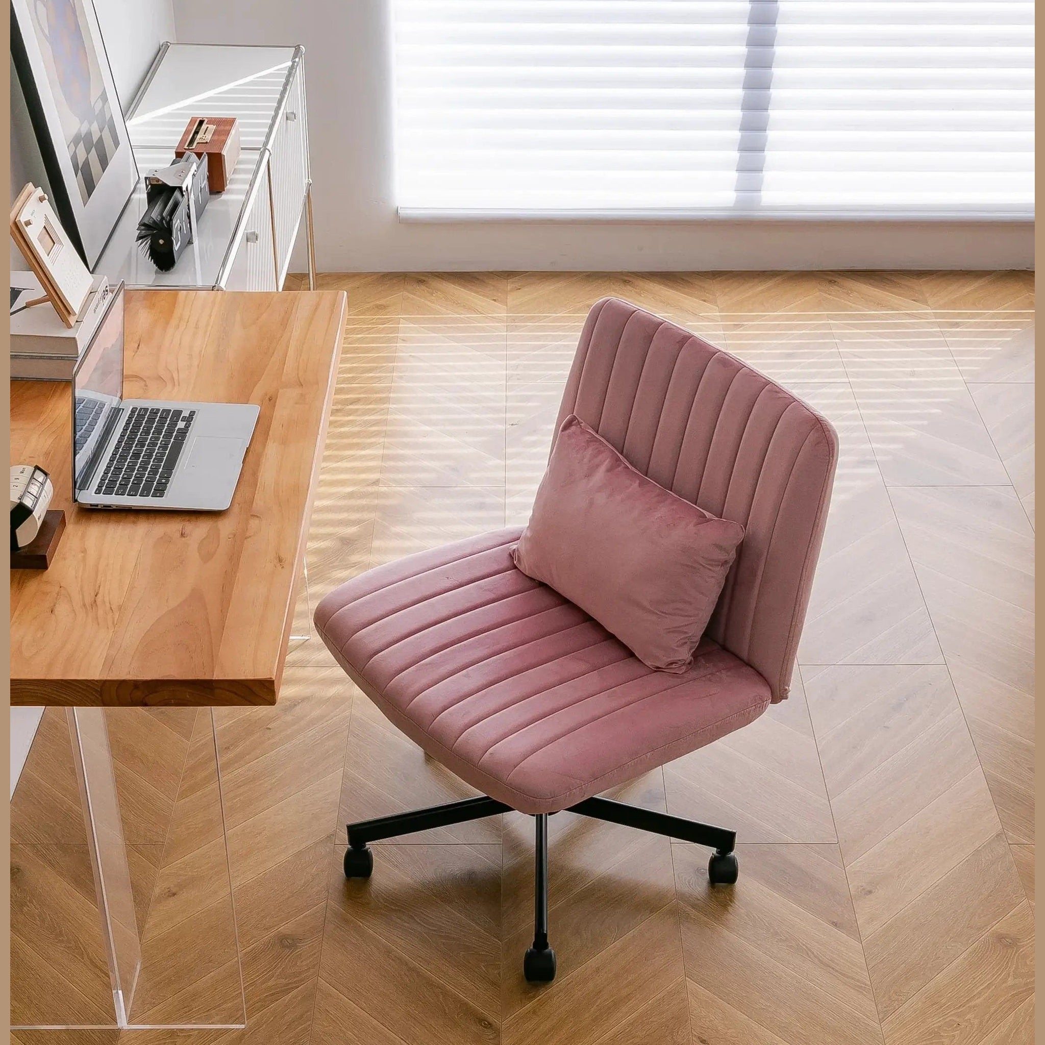 Light Pink Velvet Criss Cross Armless Office Chair With Wheels Makeup by Platinum-Level Office Chairs