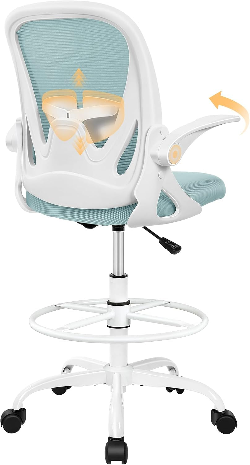 Primy Drafting Chair Tall Office Chair with Flip-Up Armrests Executive Ergonomic Computer Standing Desk Chair with Lumbar Support and Adjustable Footrest Ring（Blue）
