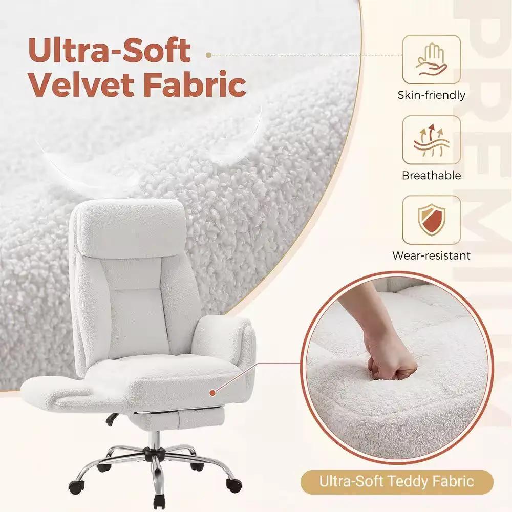 Big and Tall Teddy Fabric Footrest with Flip Armrests Office Chair in White, Cross Legged Computer Desk Chair