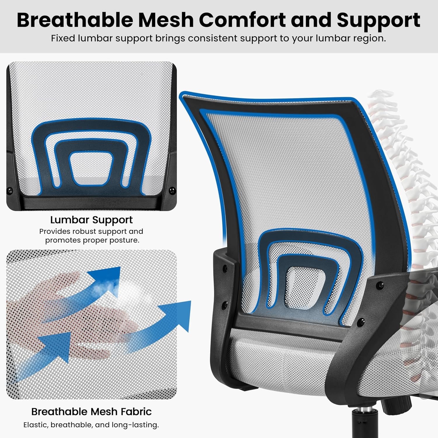 Yaheetech Mid Back Mesh Computer Office Desk Chair Adjustable Swivel, Grey | Breathable Mesh Back and Foam Padded Seat for Comfortable Work at Home or Office; Steel Frame Holds 300 Lb, Easy Assembly.
