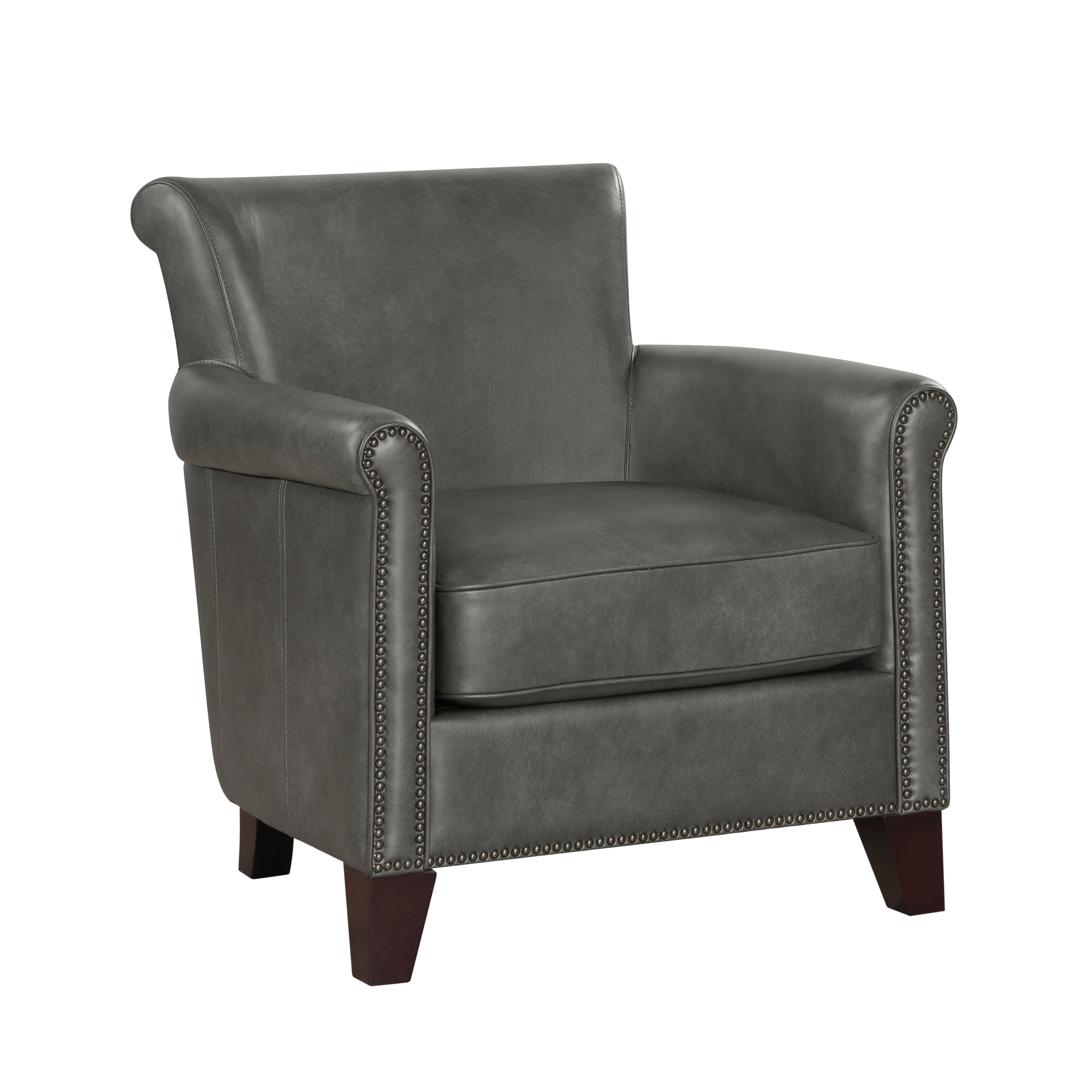 Luxurious Gray Leather Accent Chair With Nailhead Trim Frame