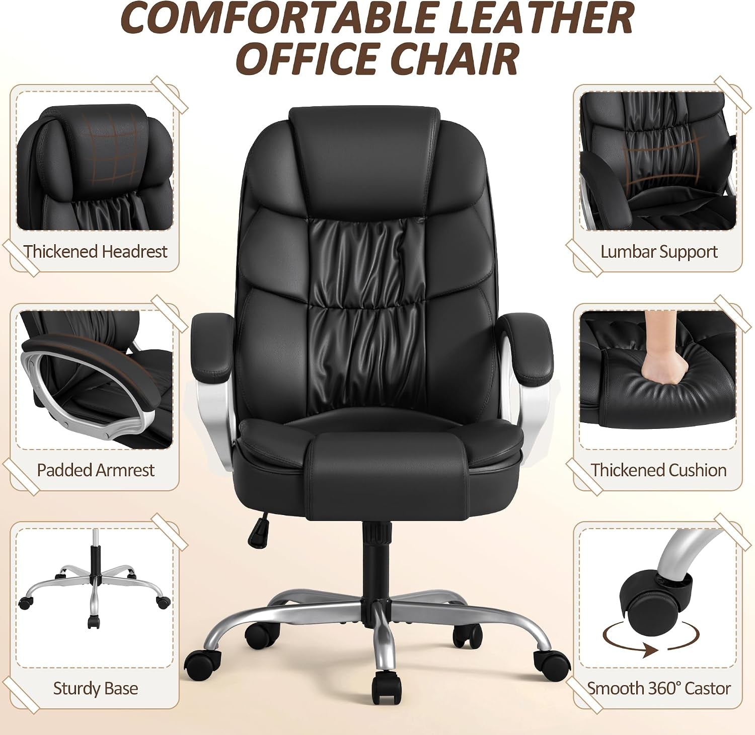 Homall Office Chair High Back Computer Desk Chair, PU Leather Adjustable Height Modern Executive Swivel Task Chair with Padded Armrests and Lumbar Support (Black)