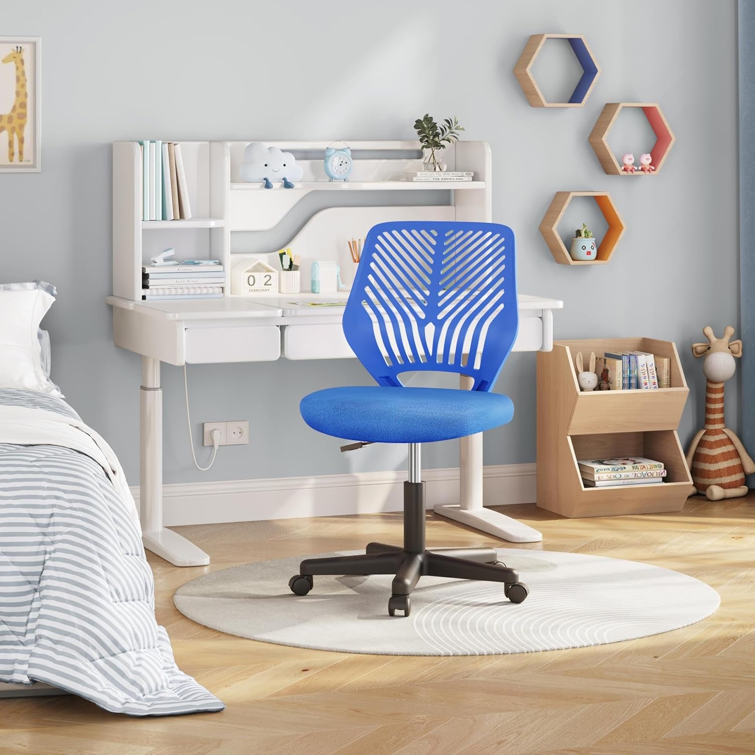 Yaheetech Small Desk Chair, Armless Adjustable Swivel Seat, Blue | Padded Mesh Seat and Ventilated Resin Back, Compact Armless Frame Rolls and Adjusts for Study and Small Desks, Holds 300 Lb.