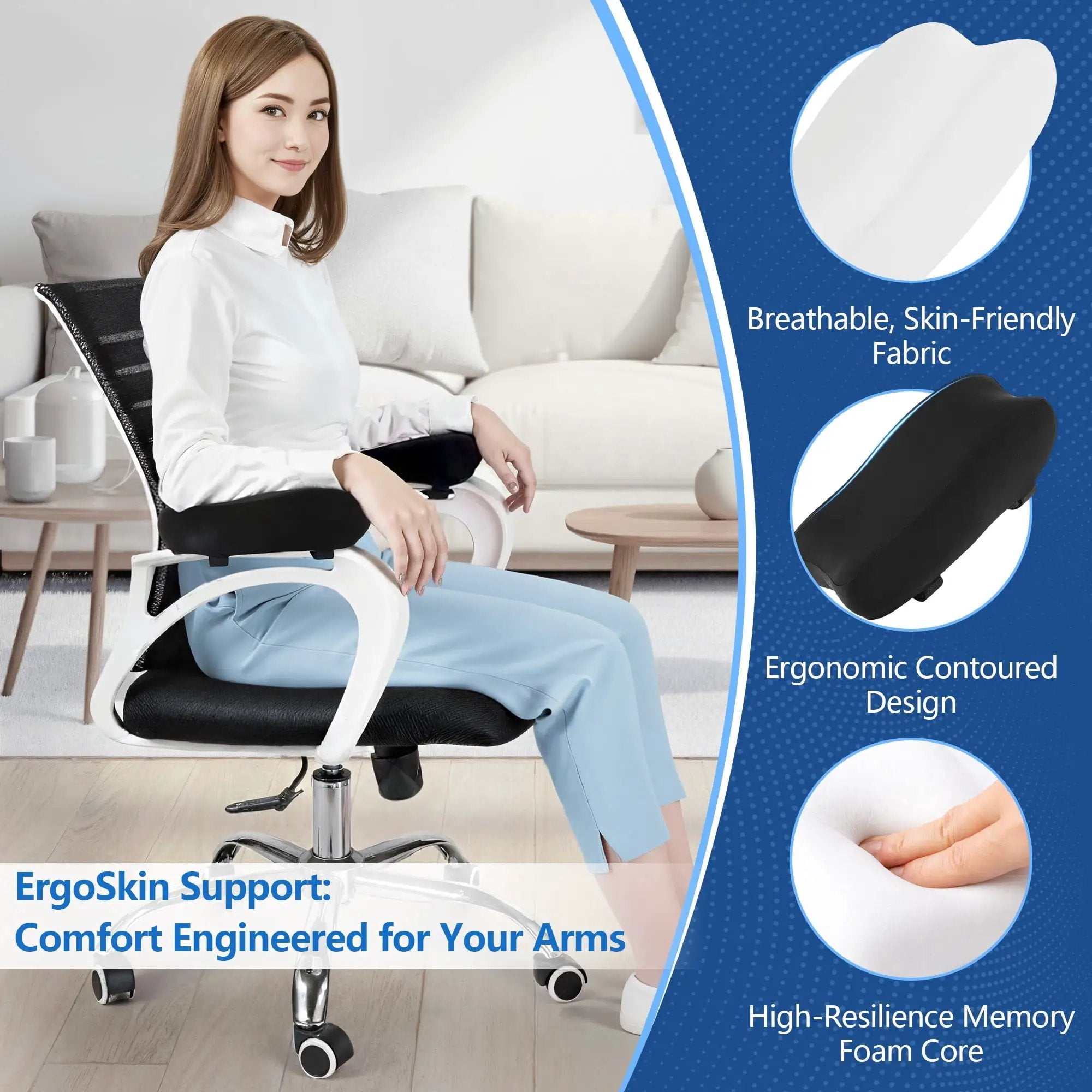 KAIPARA Ergonomic Armrest Pads Cushions for Office & Gaming Chairs – Contoured Memory Foam Pads with Silky-Soft Milk Silk Cover (Set of 2)