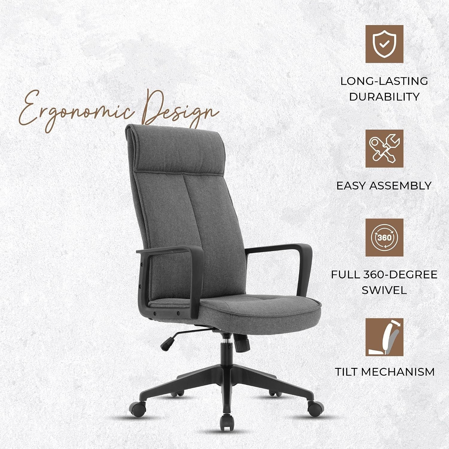 Leisuremod Ergonomic Office Chair High-Back Polyester Adjustable Height Swivel and Tilt with Double Wheel Casters Aiaria Collection in Charcoal
