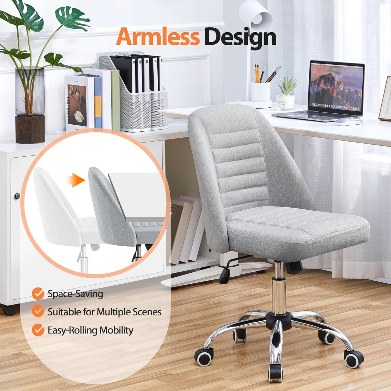 Light Gray Linen Armless Office Chair with Rolling Wheels - Platinum-Level Office Chairs