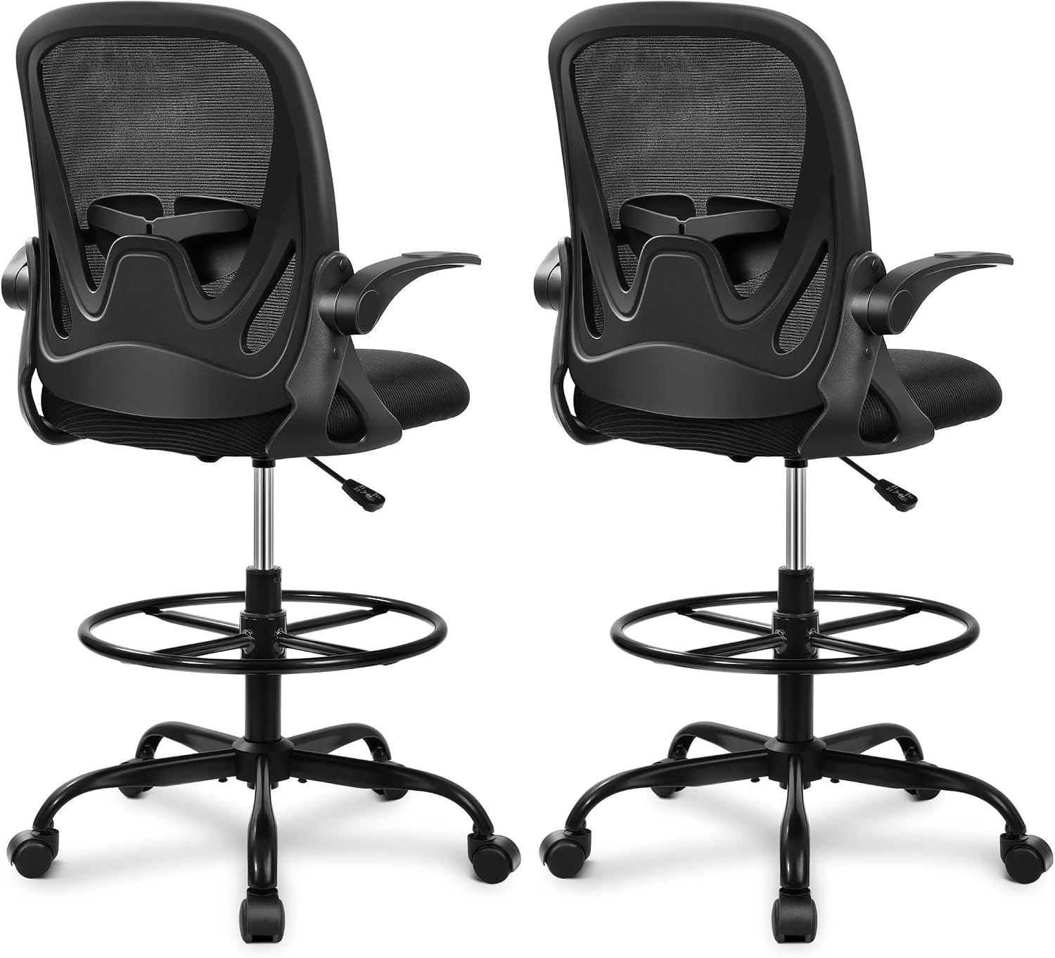 Primy Drafting Chair Tall Office Chair with Flip-Up Armrests Executive Ergonomic Computer Standing Desk Chair with Lumbar Support and Adjustable Footrest Ring（Blue）