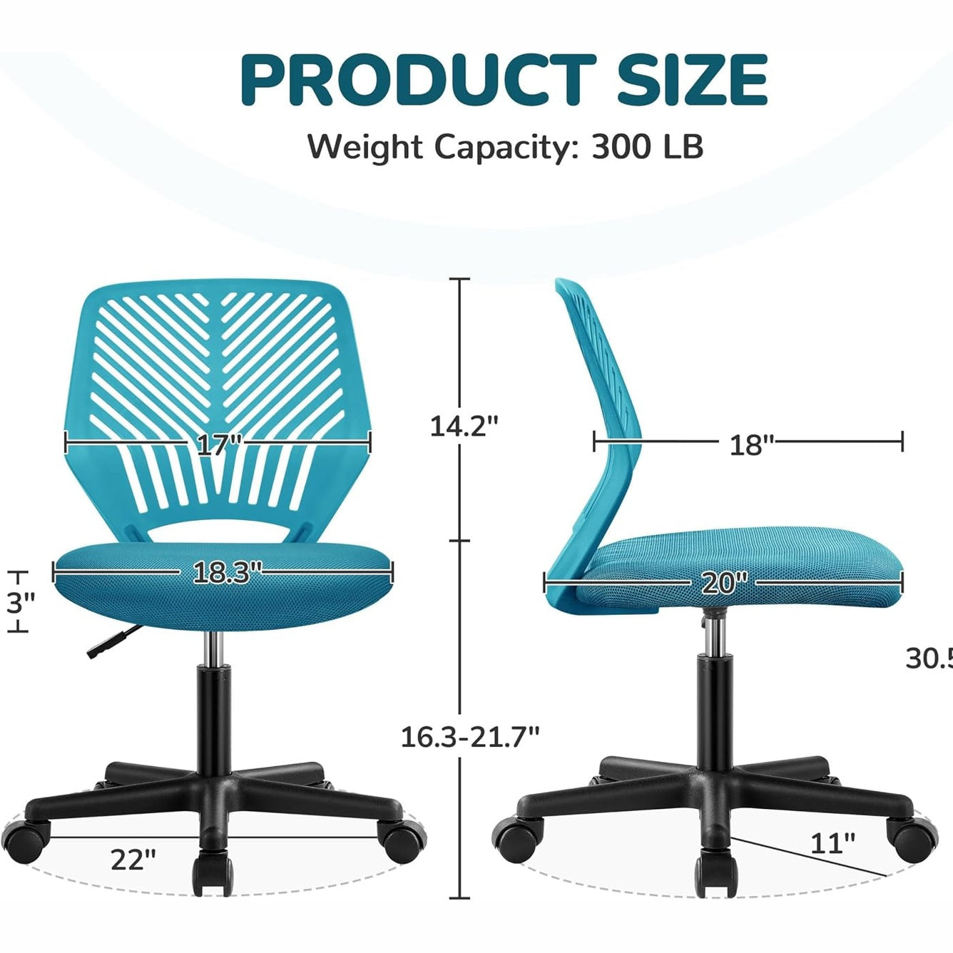 Yaheetech Small Desk Chair, Armless Adjustable Swivel Seat, Turquoise | Padded Mesh Seat and Ventilated Resin Back, Compact Armless Frame Rolls and Adjusts for Study and Small Desks, Holds 300 Lb.