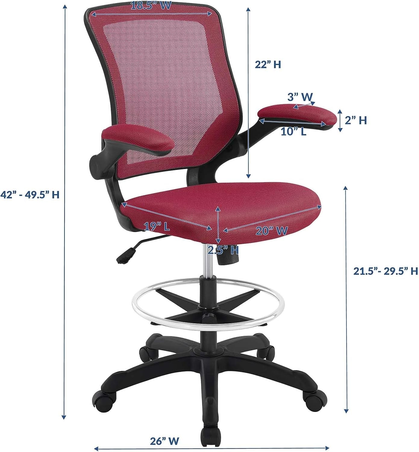Modway MO-EEI-1423-RED Reception Desk Flip-Up Arm Drafting Chair, Nylon in Red