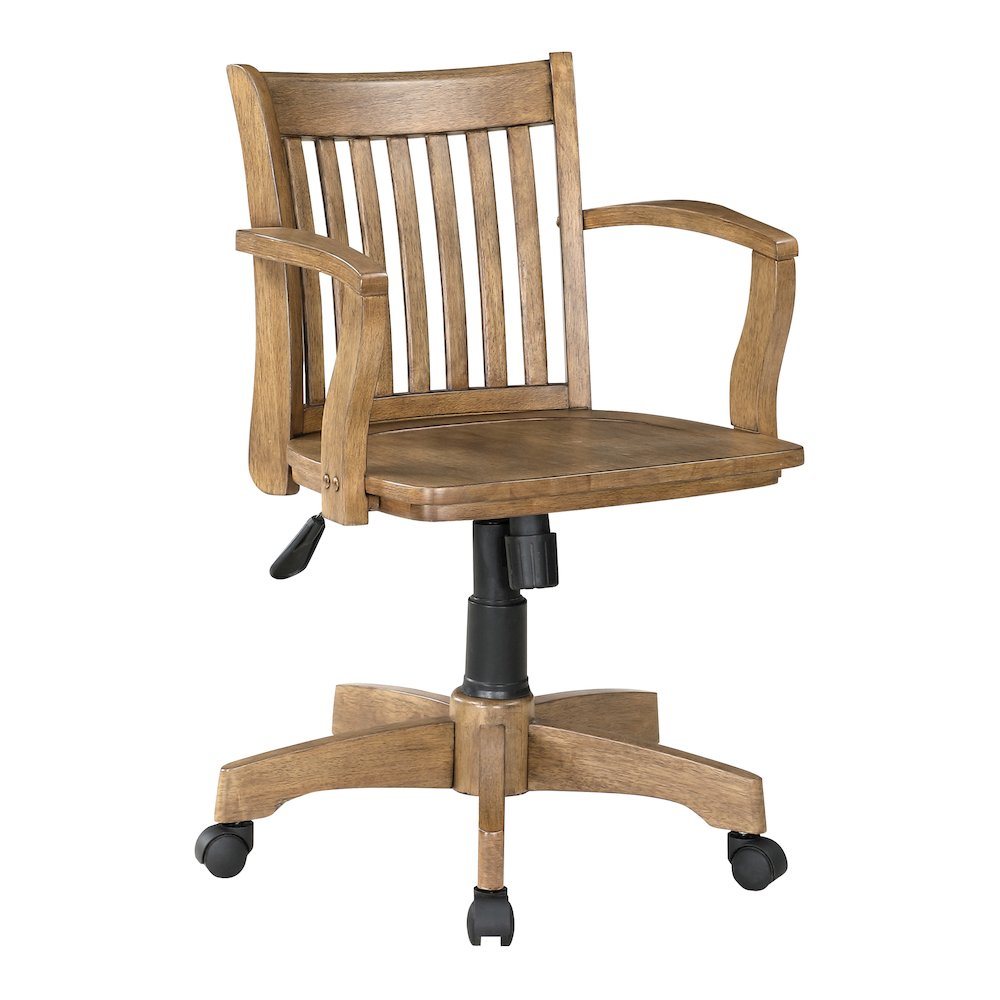 Deluxe Wood Banker's Chair with wood seat, medium oak finish, pneumatic height, tilt control, wood base, casters