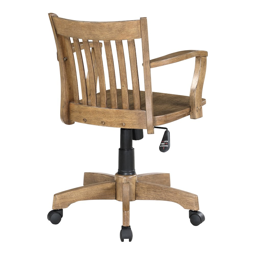 Deluxe Wood Banker's Chair with oak seat, pneumatic height, locking tilt, wood-covered steel base, dual casters.