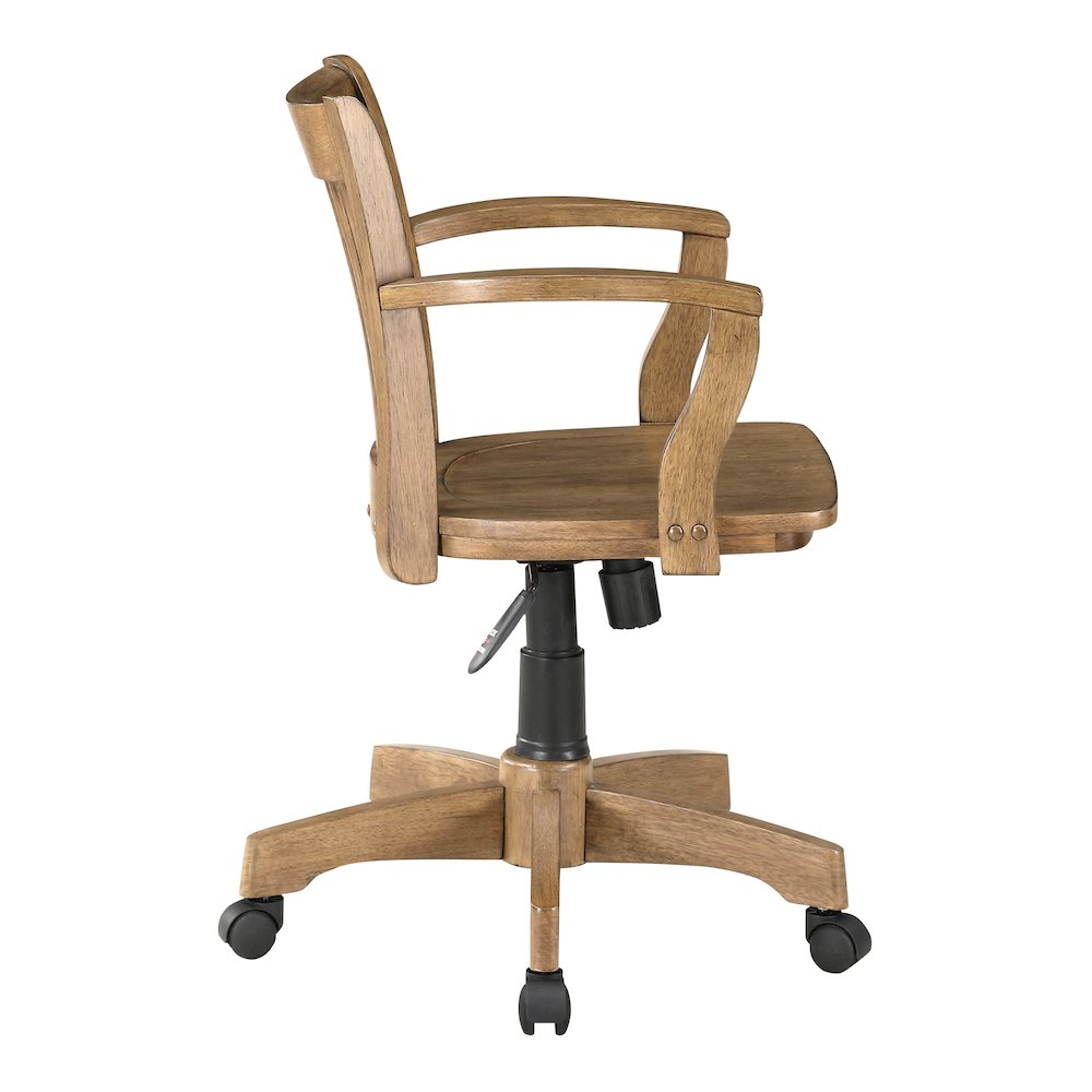 Deluxe Wood Banker's Chair with wood seat, oak finish, height and tilt adjustable, wood base, dual-wheel casters.