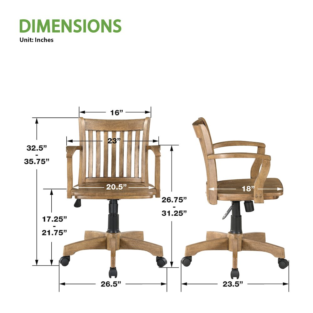 Deluxe Wood Banker's Chair with medium oak wood seat, pneumatic height, tilt control, wood base, dual-wheel casters.