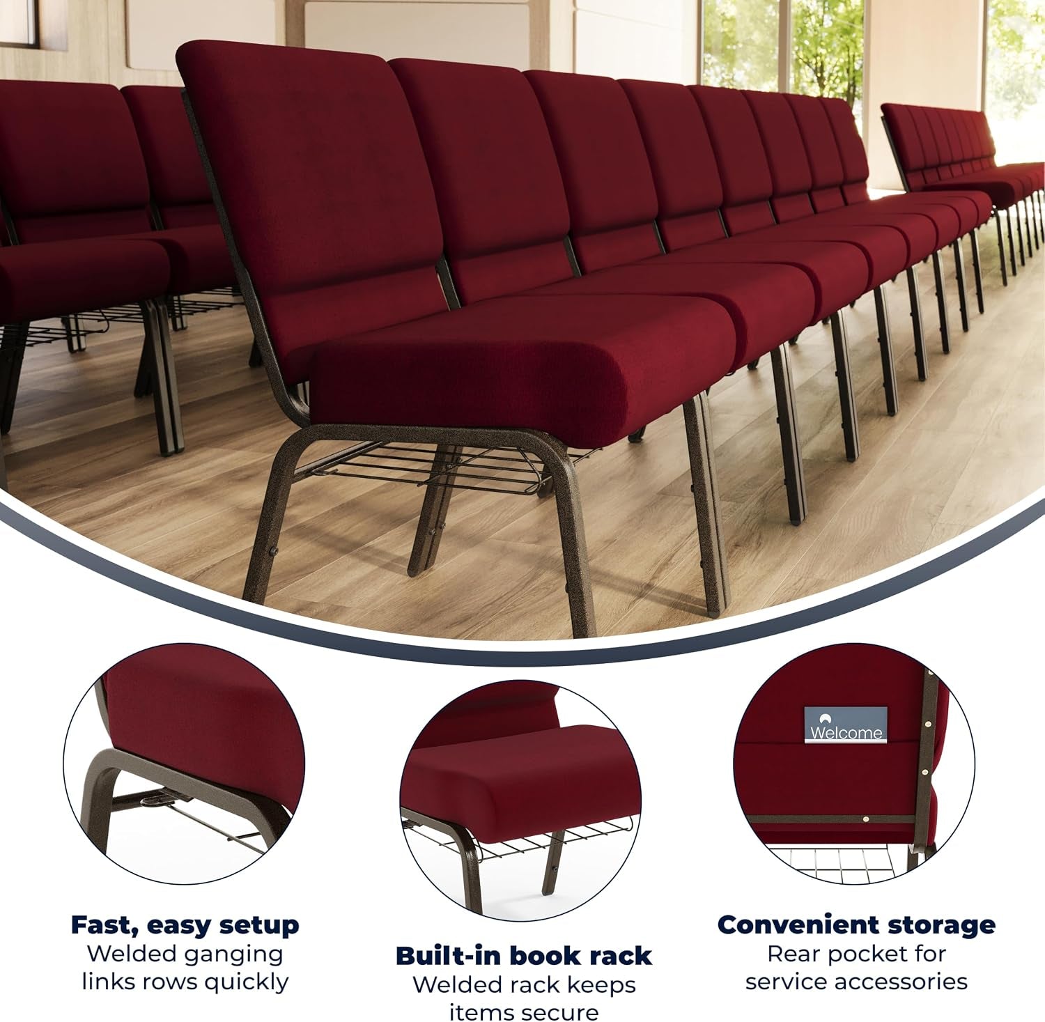 Flash Furniture 4 Pack HERCULES Series 21''W Church Chair in Burgundy Fabric with Cup Book Rack - Gold Vein Frame