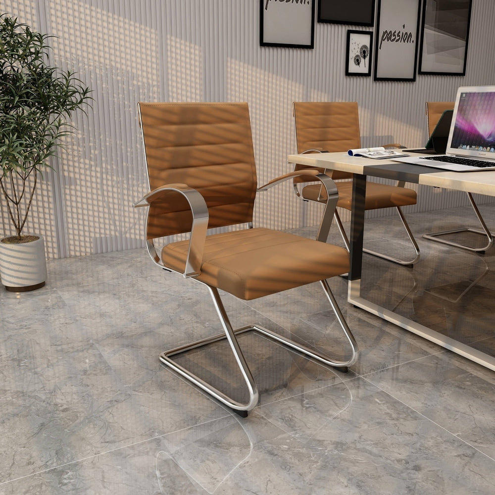 24 PCS Benmar Leather Upholstered Computer Office Chair with Sled Base, Padded Armrests for Home or Office - Light Brown