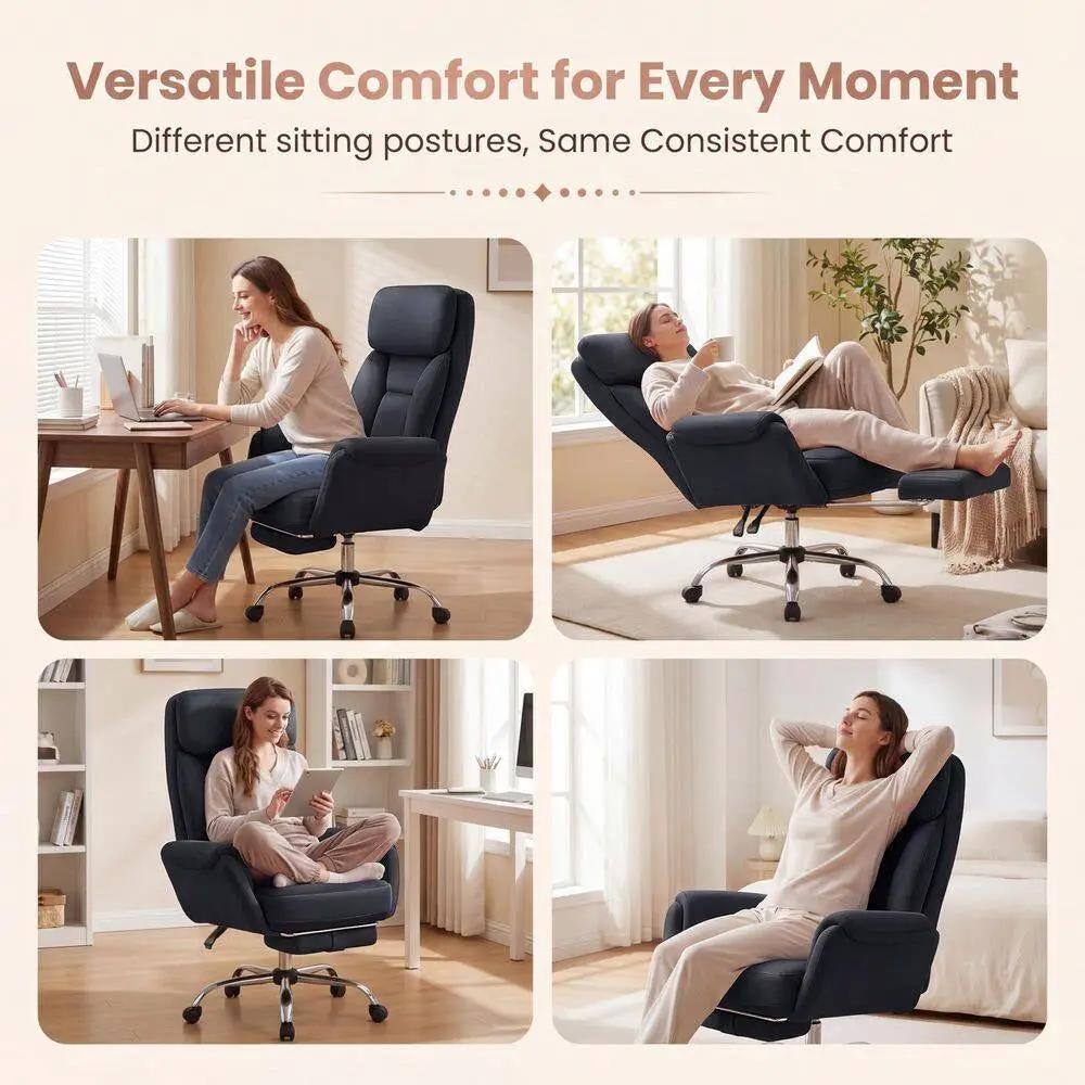 Big and Tall Velvet Footrest Office Chair in Black, Cross Legged Computer Desk Chair with Flip Adjustable Arms