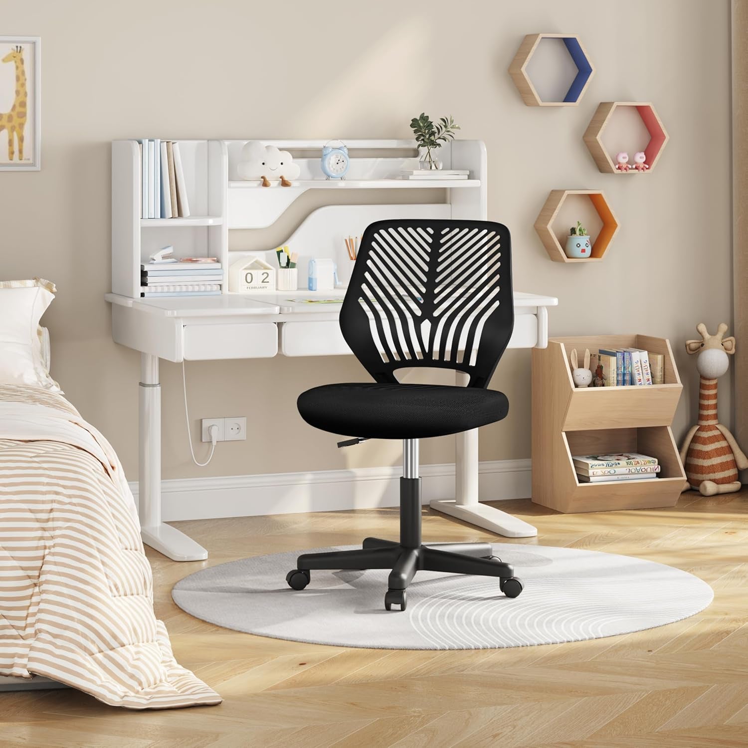 Yaheetech Small Desk Chair, Armless Adjustable Swivel Seat, Black | Padded Mesh Seat and Ventilated Resin Back, Compact Armless Frame Rolls and Adjusts for Study and Small Desks, Holds 300 Lb.
