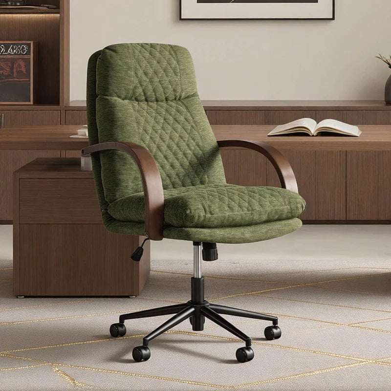 Upholstered Swivel Office Chair with Wood Arms