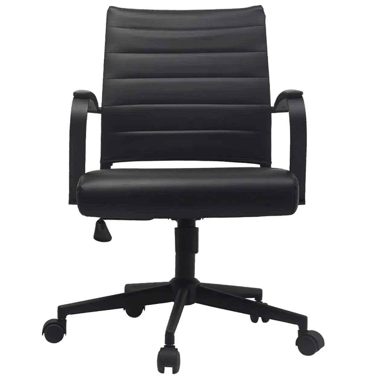 Black Office Chairs Mid Back Ribbed PU Leather Executive Task Work Conference with Arms Wheels Tilt Swivel Rolling