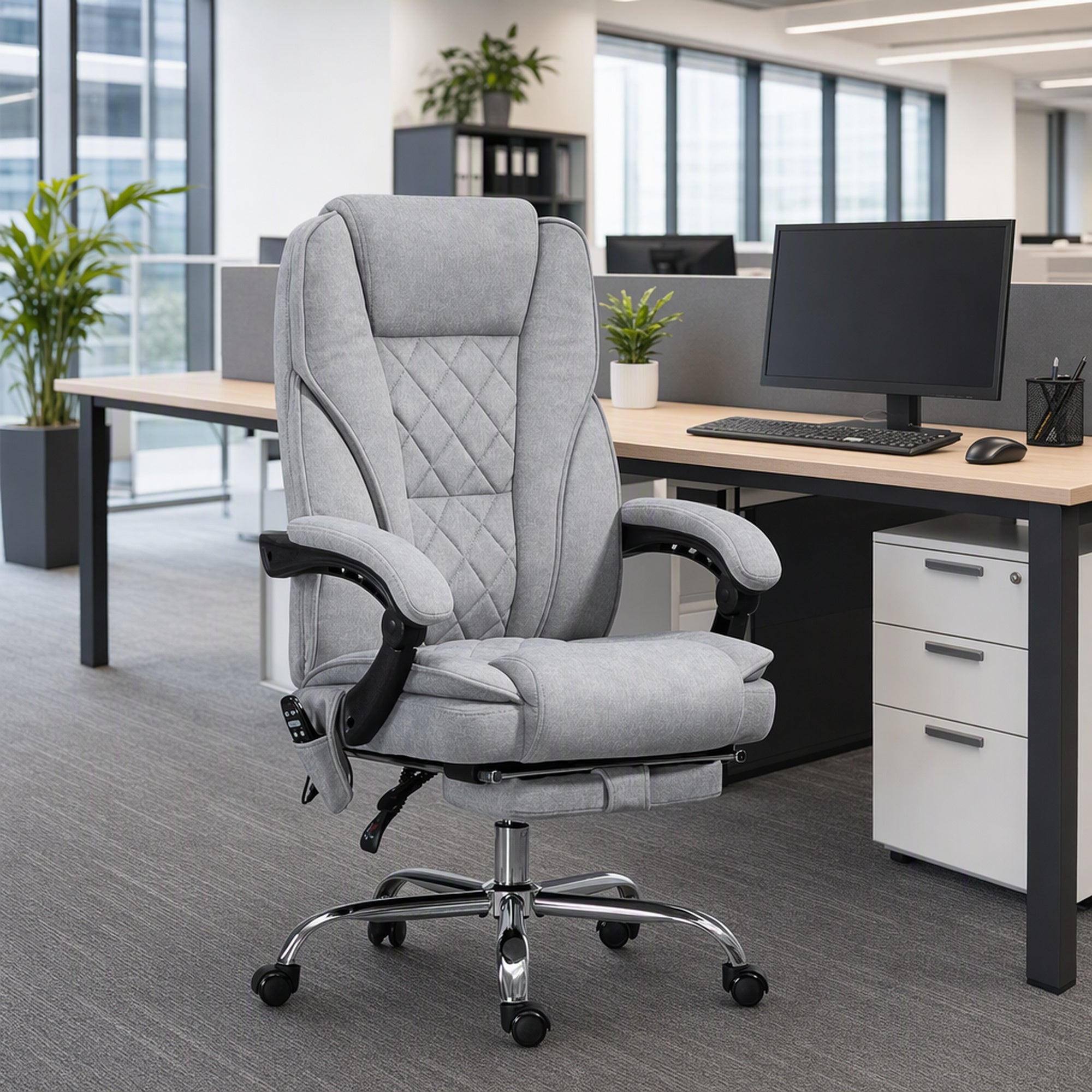 Gray reclining massage office chair in a modern office setting