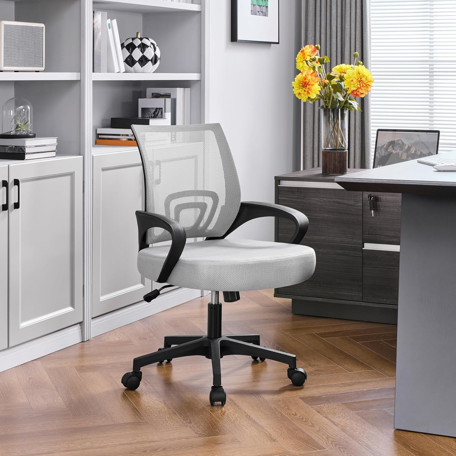 Yaheetech Mid Back Mesh Computer Office Desk Chair Adjustable Swivel, Grey | Breathable Mesh Back and Foam Padded Seat for Comfortable Work at Home or Office; Steel Frame Holds 300 Lb, Easy Assembly.