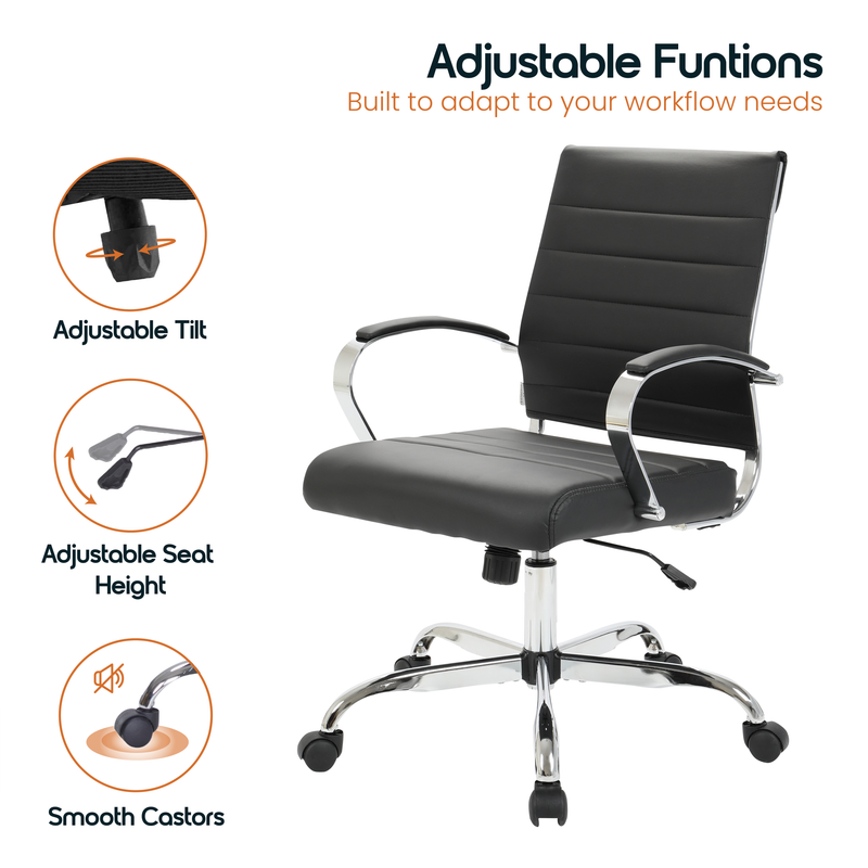 30 PCS Benmar Leather Office Desk Computer Chair with Ribbed Seat and Steel Frame - Black