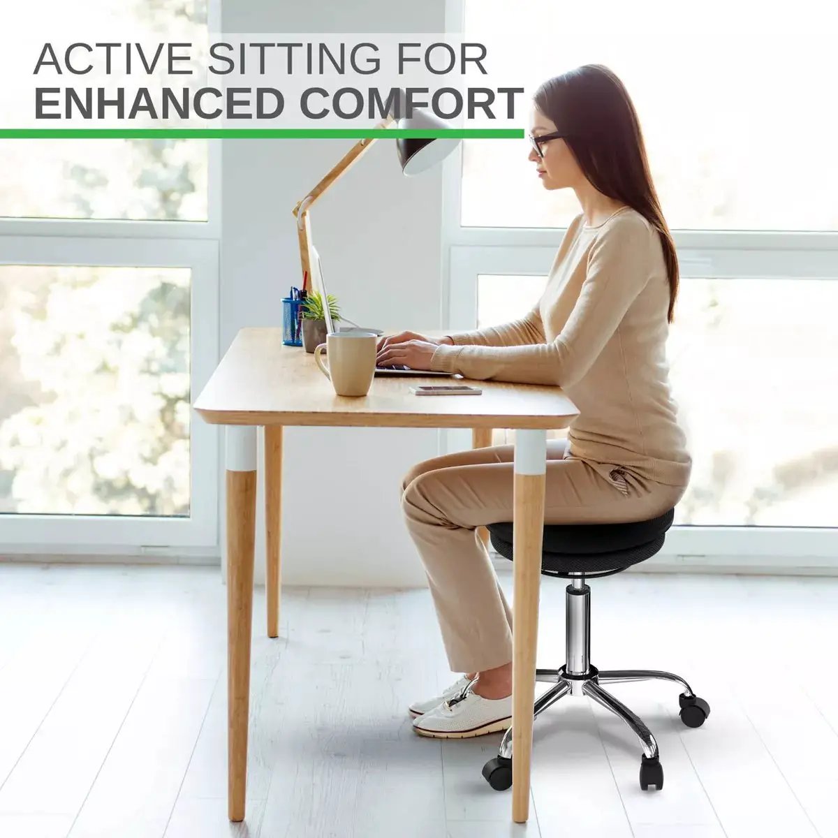 Wobble Stool Air Adjustable Office Chair Black - Uncaged Ergonomics: Rolling Balance, Core Engagement, Polyester Upholstery, Steel Frame