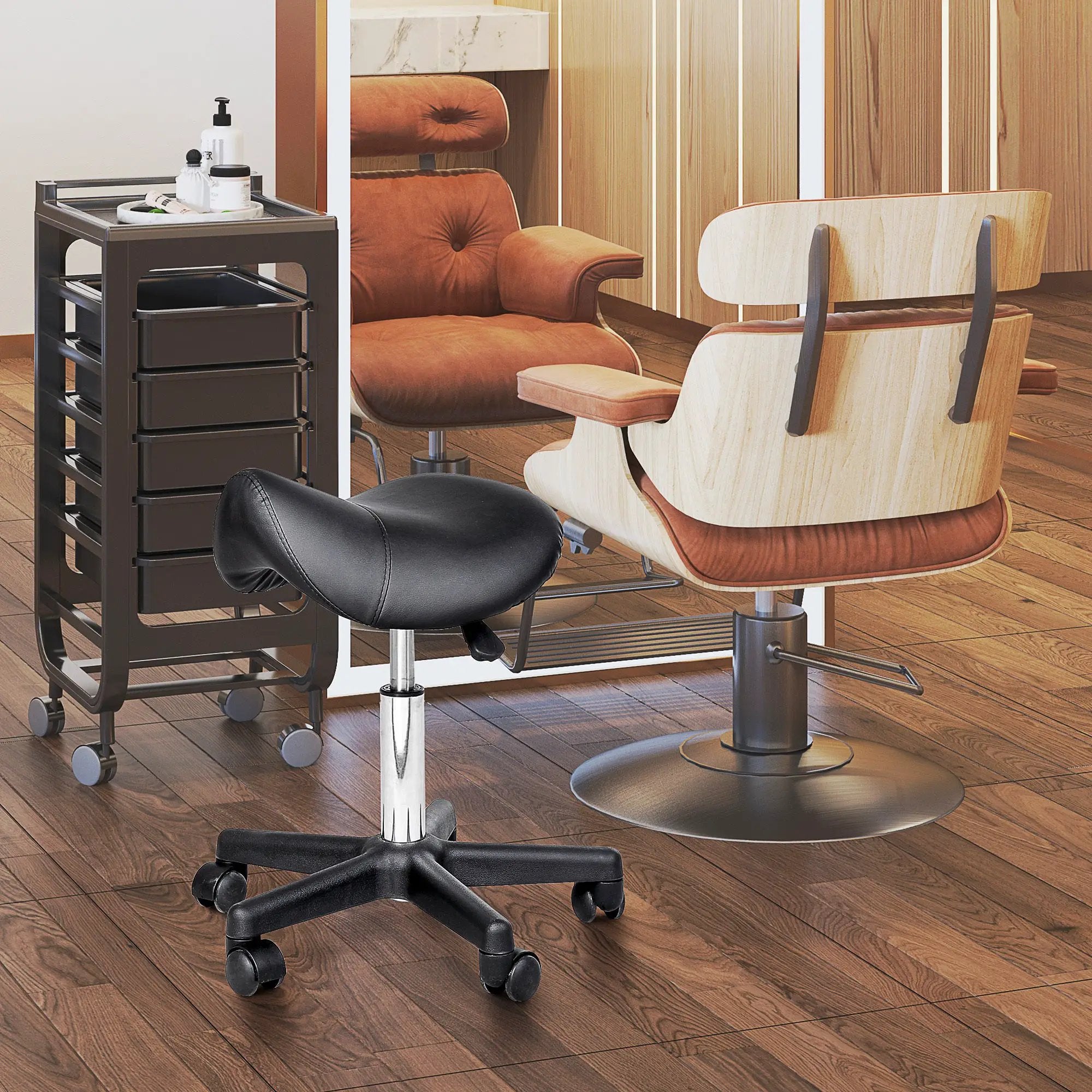 Rolling Saddle Stool, Swivel Salon Chair, Ergonomic Faux Leather Stool, Adjustable Height with Wheels for Spa, Salon, Massage, Office, Black by Platinum-Level Office Chairs