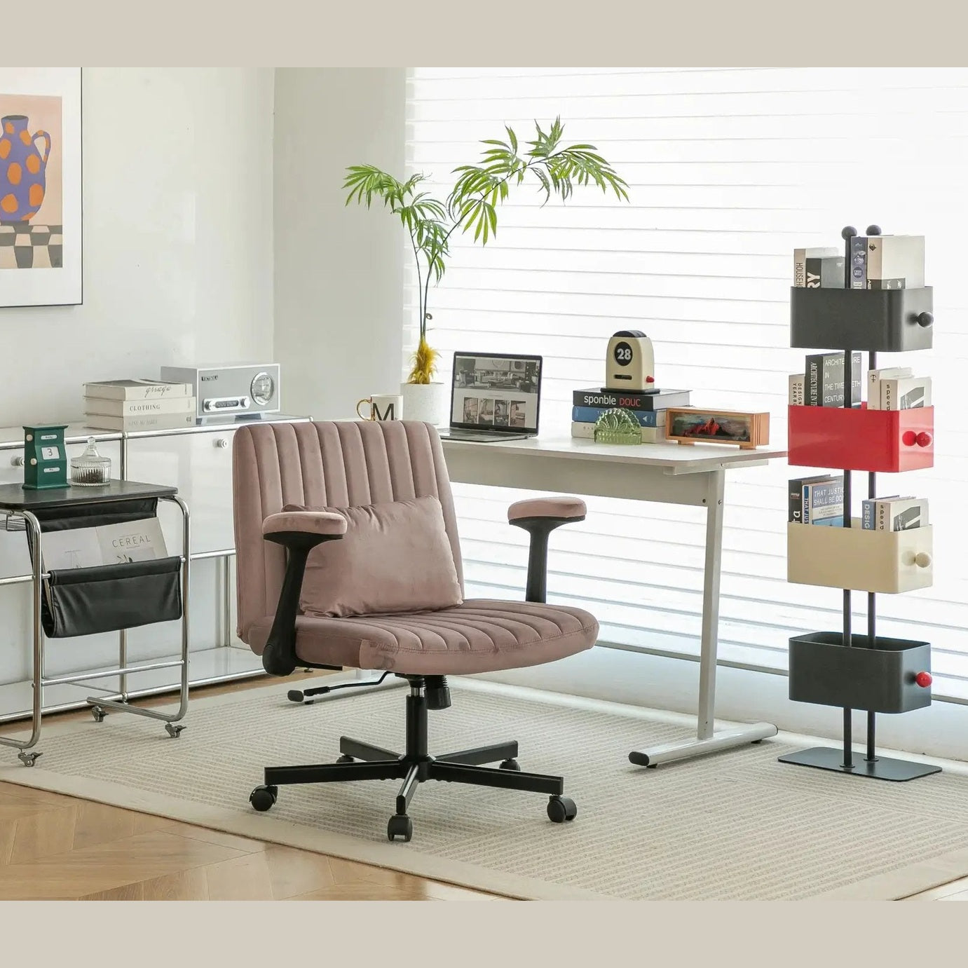 Dark Pink Velvet Criss Cross Armchair With Wheels For Home Office by Platinum-Level Office Chairs