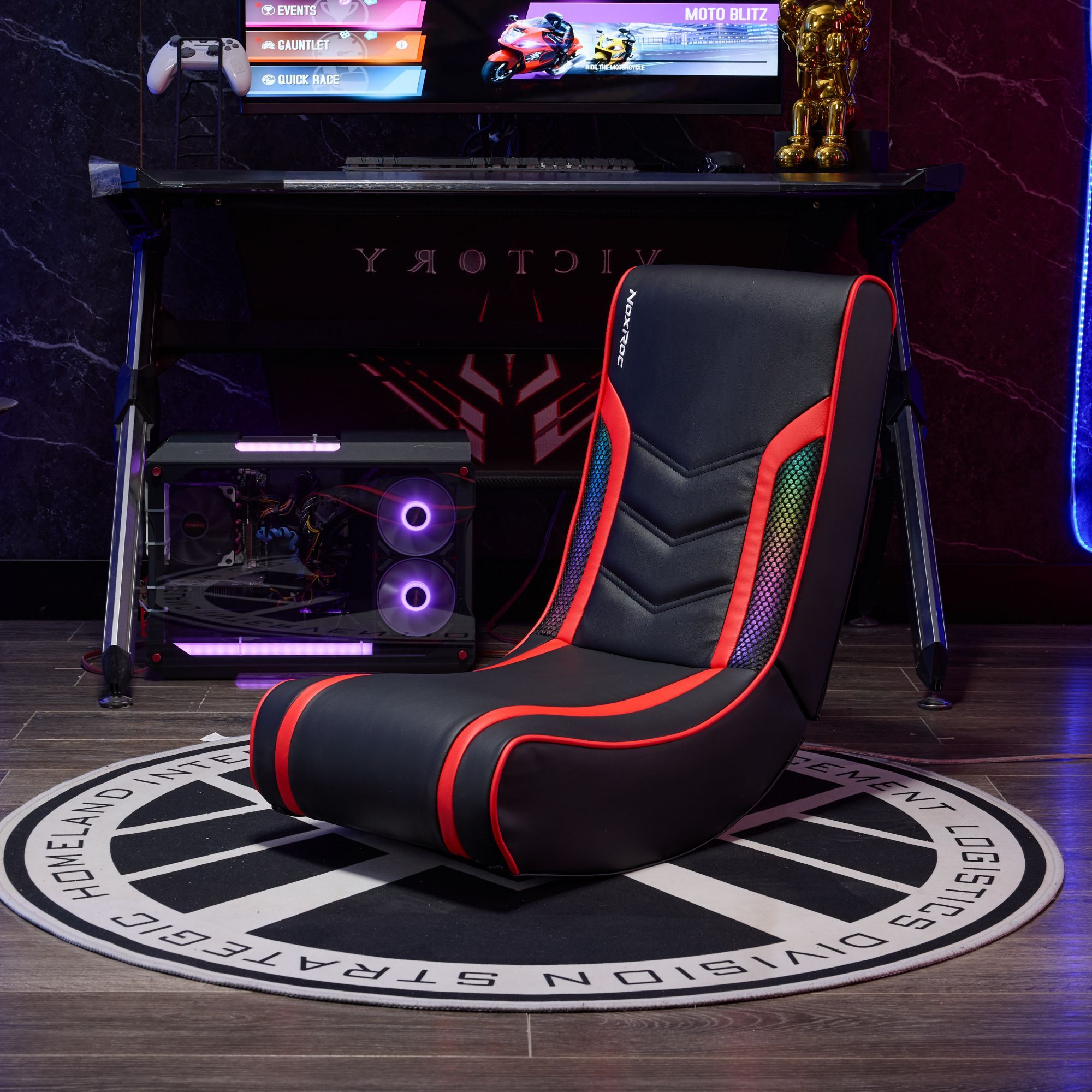 Ergonomic PU Leather Rocker Gaming Floor Chair RGB LED Black Red