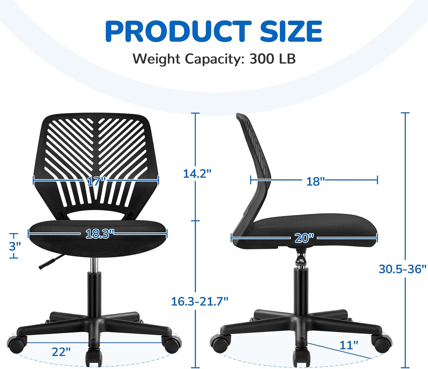 Yaheetech Small Desk Chair, Armless Adjustable Swivel Seat, Black | Padded Mesh Seat and Ventilated Resin Back, Compact Armless Frame Rolls and Adjusts for Study and Small Desks, Holds 300 Lb.
