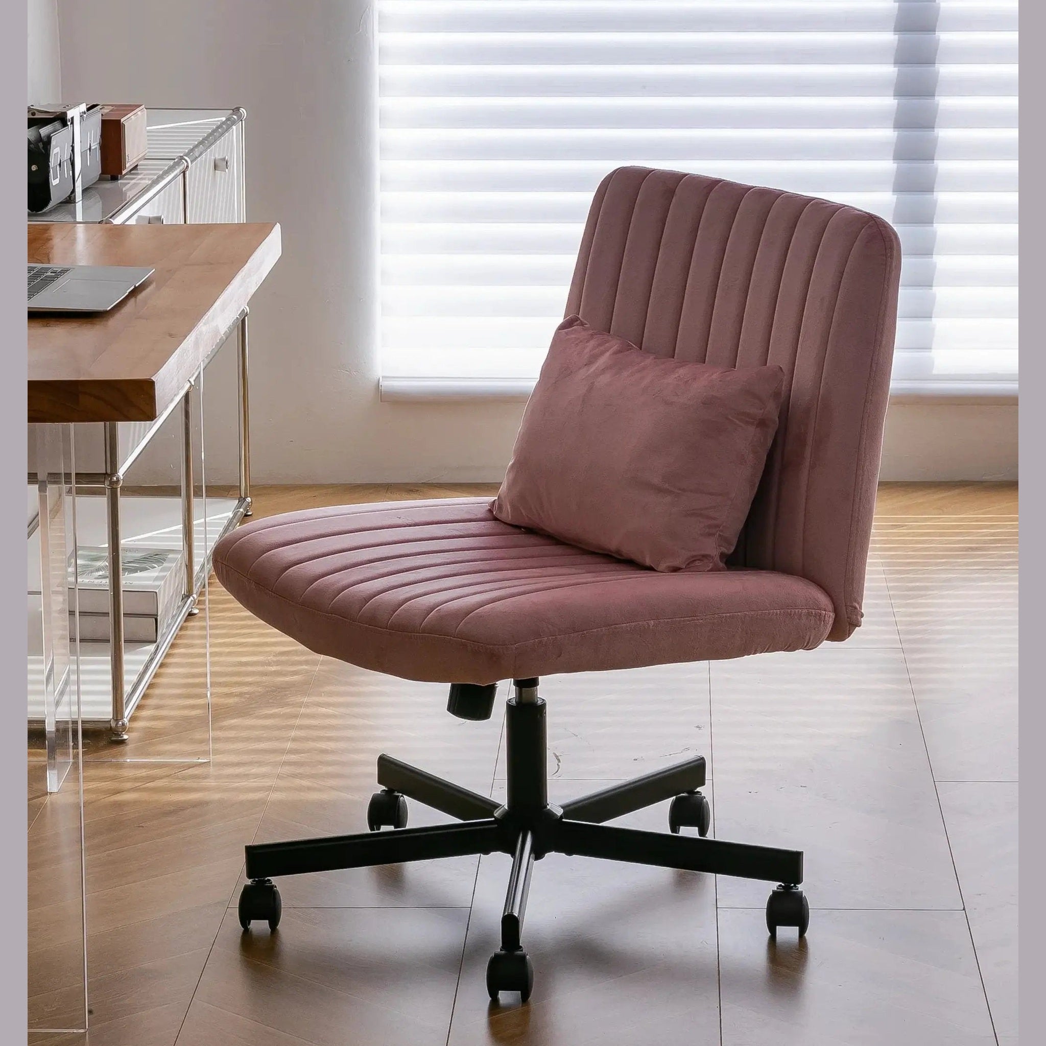 Light Pink Velvet Criss Cross Armless Office Chair With Wheels Makeup by Platinum-Level Office Chairs
