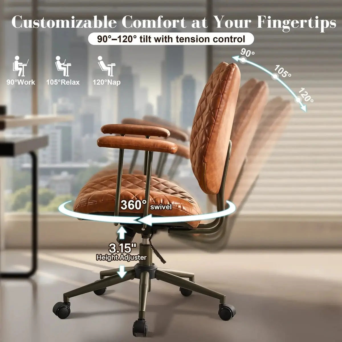 HOOOWOOO Mid-Century Leather Ergonomic Adjustable Swivel Office Chair