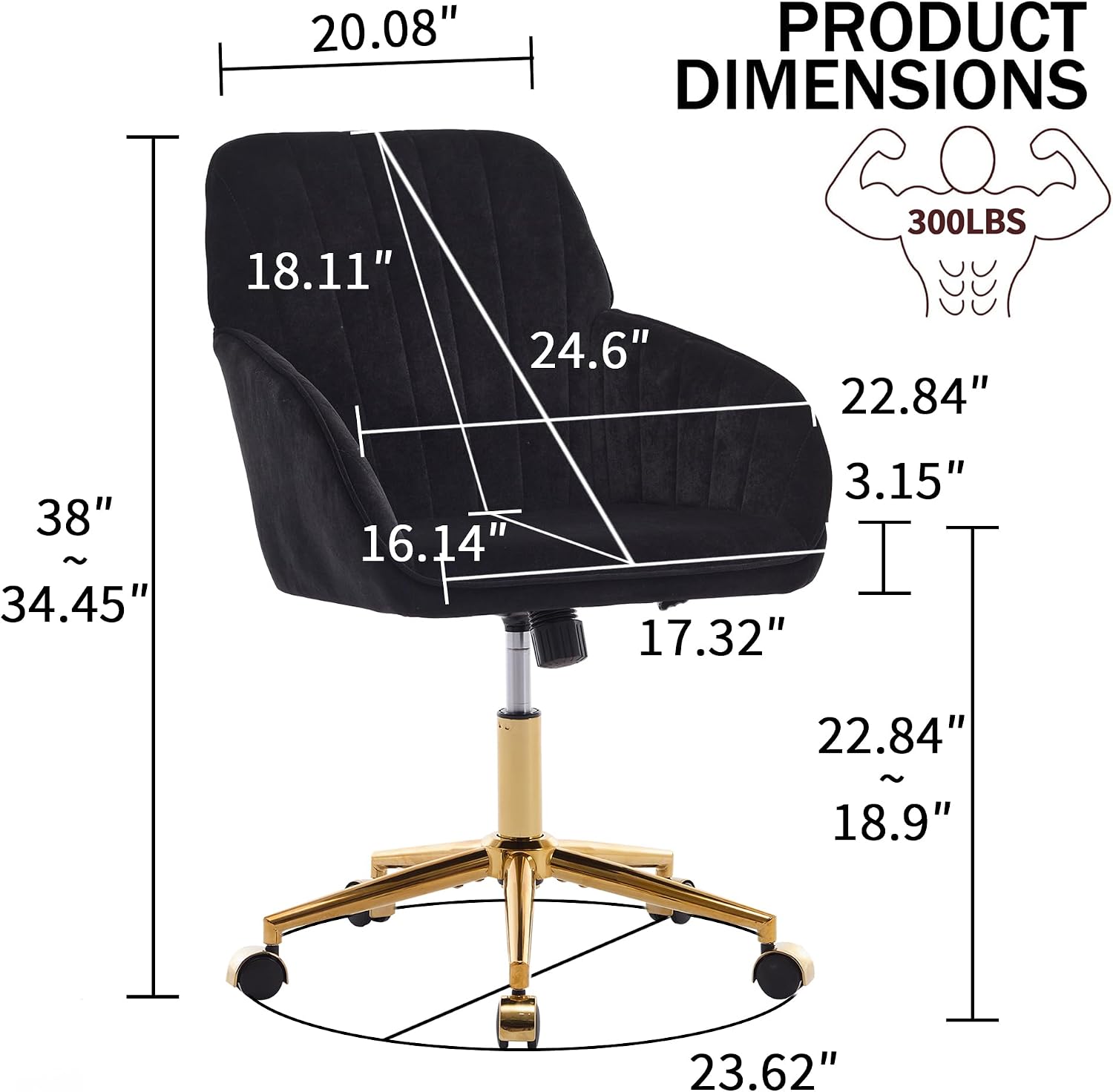 TY Adjustable Ergonomic Chair, Black Velvet, Gold Base