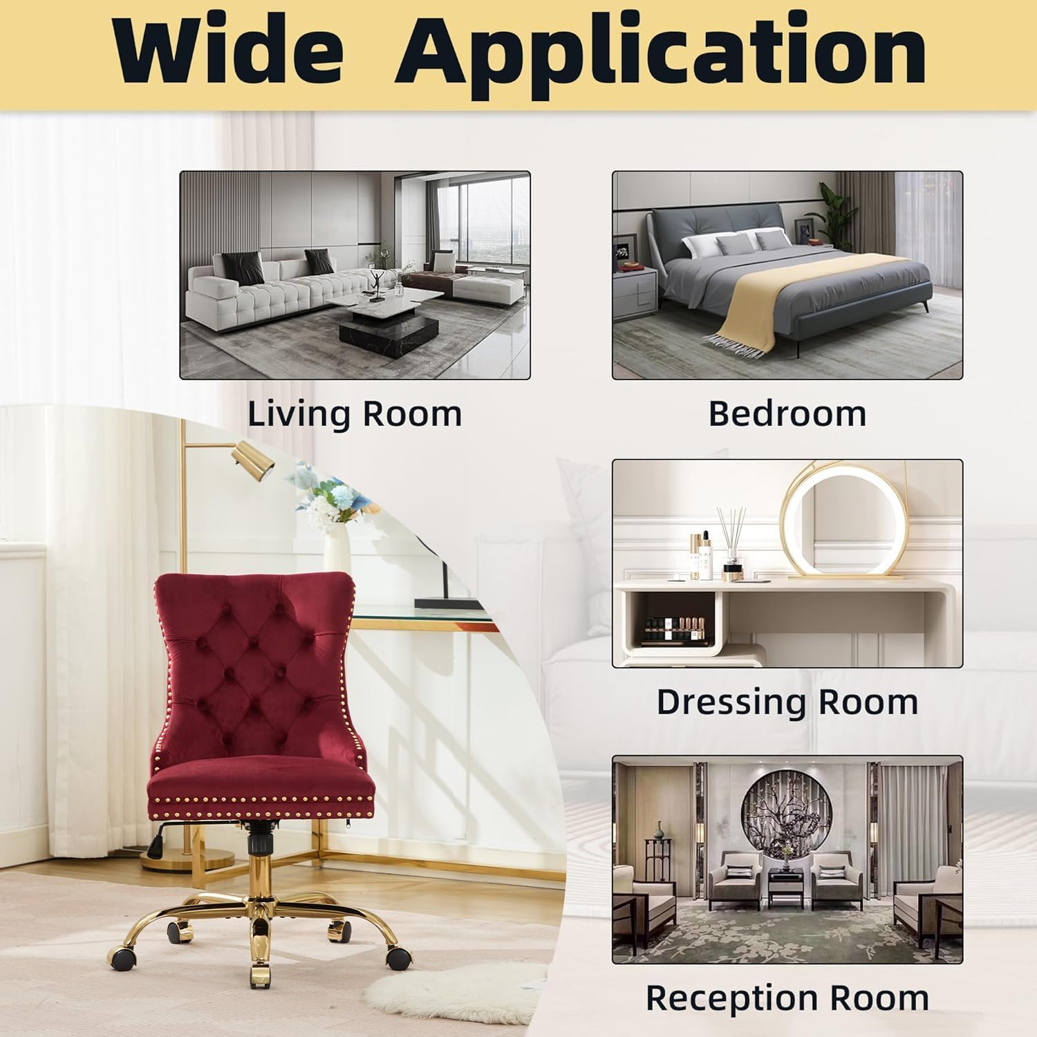 Black Armless Home Office Desk Chair with Wheels, Velvet Swivel Vanity Chair with High Back & Gold Base Adjustable Comfy Upholstered Rolling Task Chairs for Living Room Makeup Room Study (Black) Platinum-Level Office Chairs