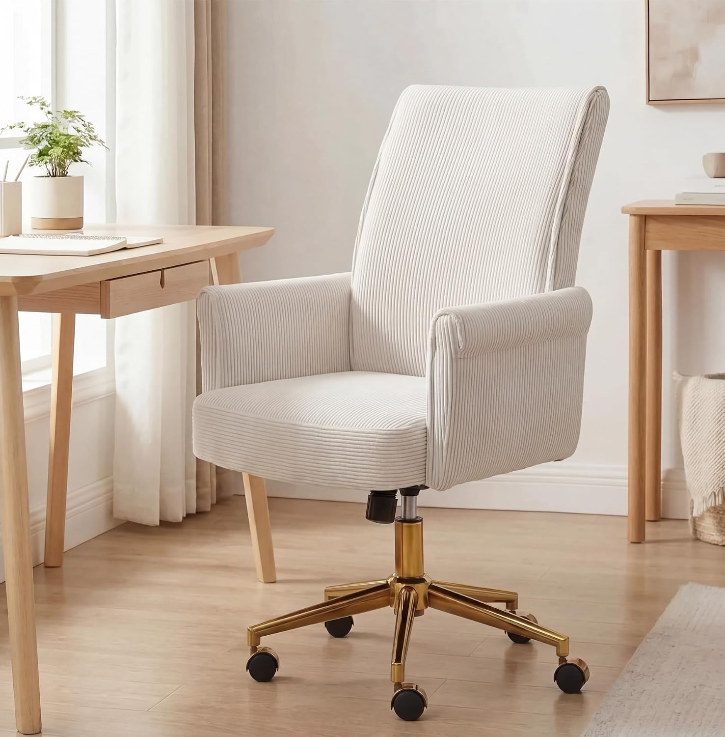 White Corduroy Office Chair With Gold Base Luxury Ergonomic Comfort For Home Office Platinum Level Office Chairs - Platinum-Level Office Chairs