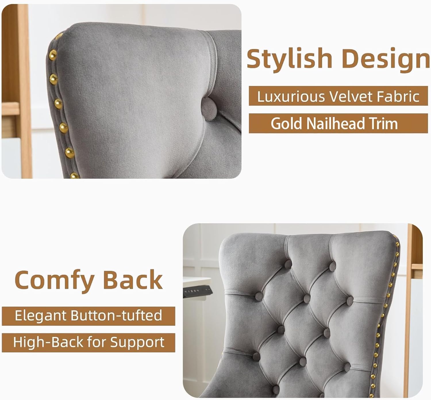 Armless Home Office Desk Chair with Wheels, Velvet Swivel Vanity Chair with High Back & Gold Base Adjustable Comfy Upholstered Rolling Task Chairs for Living Room Makeup Room Study (Black) Platinum-Level Office Chairs