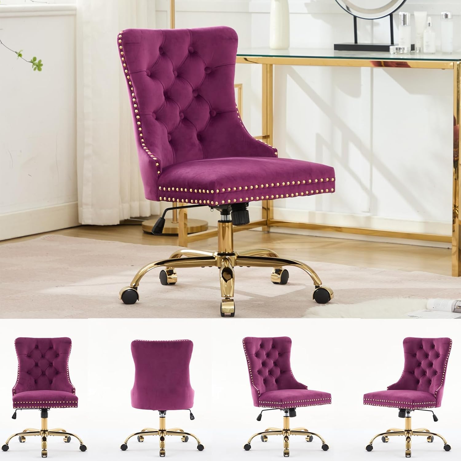 Black Armless Home Office Desk Chair with Wheels, Velvet Swivel Vanity Chair with High Back & Gold Base Adjustable Comfy Upholstered Rolling Task Chairs for Living Room Makeup Room Study (Black) Platinum-Level Office Chairs