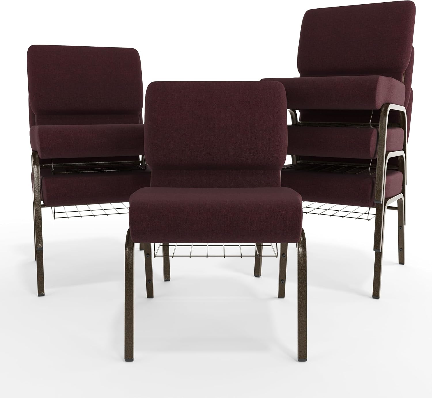 Flash Furniture HERCULES Series 21''W Church Chair in Plum Fabric with Cup Book Rack - Gold Vein Frame