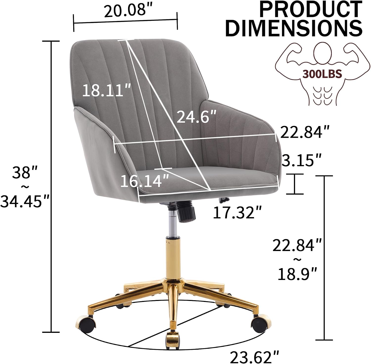 Gray Velvet Office Chair, Ergonomic Adjustable Swivel Desk Chair with Gold Base for Home Study and Long Sitting Comfort - Platinum-Level Office Chairs