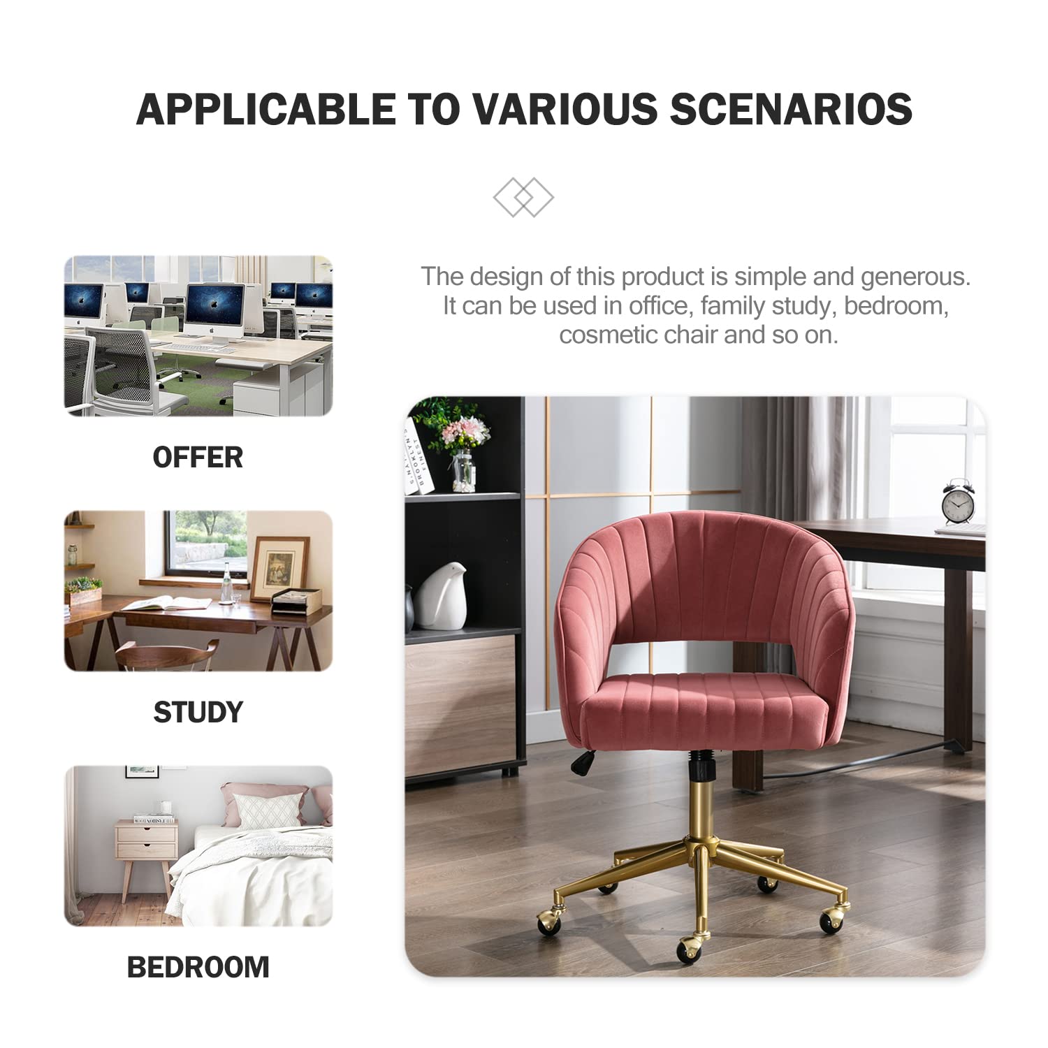 Nrizc Velvet Office Desk Chair, Upholstered Home Office Desk Chairs with Adjustable Swivel Wheels, Ergonomic Office Chair for Living Room, Bedroom, Office, Vanity Study (Beige) Platinum-Level Office Chairs