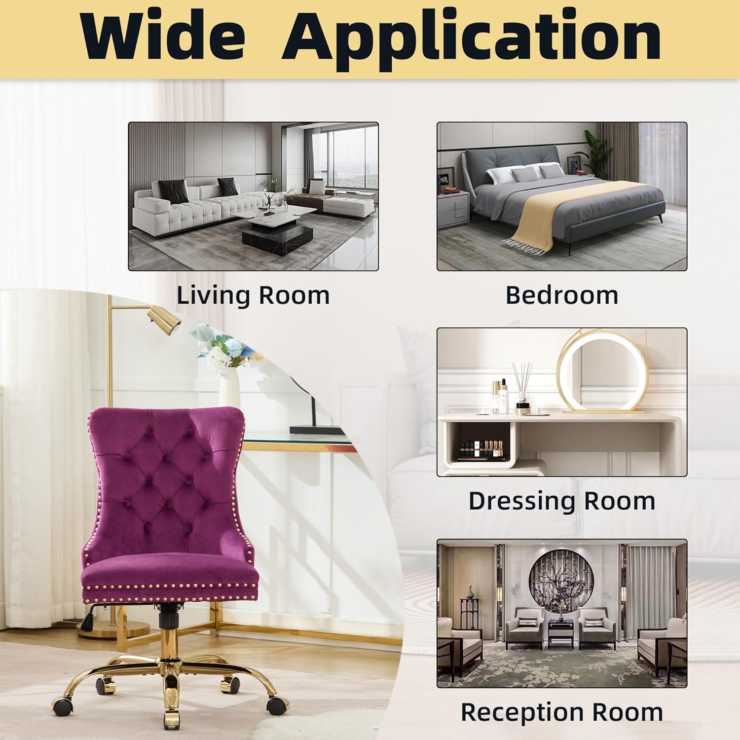 Black Armless Home Office Desk Chair with Wheels, Velvet Swivel Vanity Chair with High Back & Gold Base Adjustable Comfy Upholstered Rolling Task Chairs for Living Room Makeup Room Study (Black) Platinum-Level Office Chairs